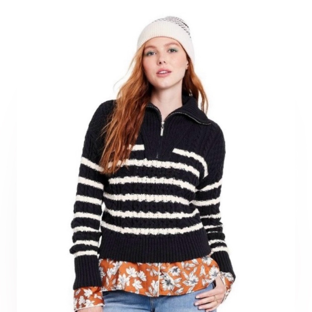 La Ligne x Target Black/White Striped Cotton Blend Shawl Zip Sweater Large NWT